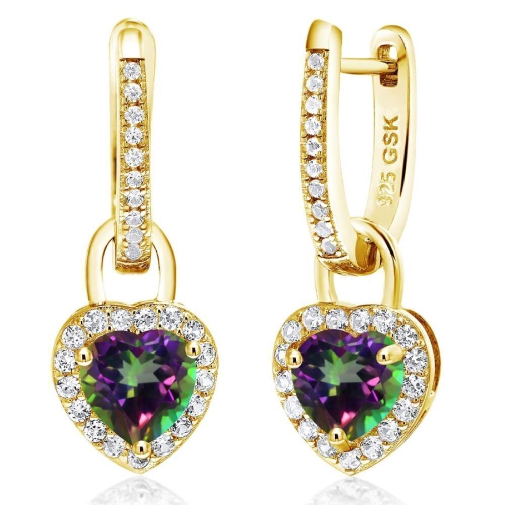 18K Yellow Gold 925 2.40 Cttw Green MysticâTopaz White Sapphire Heart Earrings